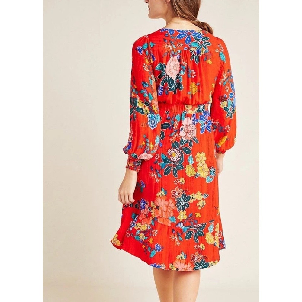 Anthropologie Boswell Textured Wrap Tunic Dress Red Floral Woman's Sz 12 - Picture 3 of 12